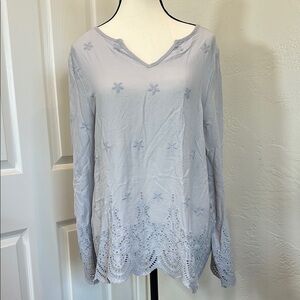 Blue Relaxed V-Neck Embellished Blouse